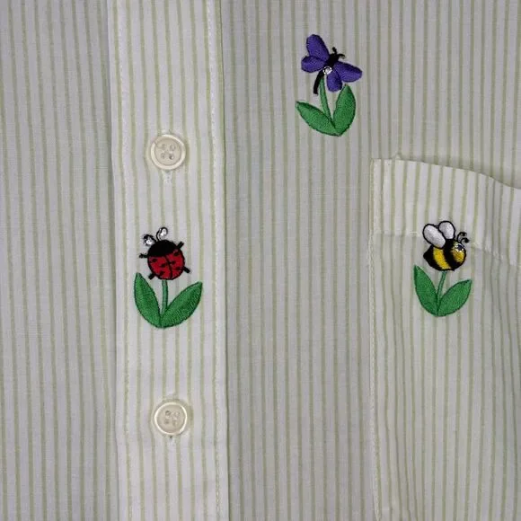 Vintage XL Lime Green Striped Button Down Embroidered Bugs Flowers Rhinestones - Picture 4 of 11